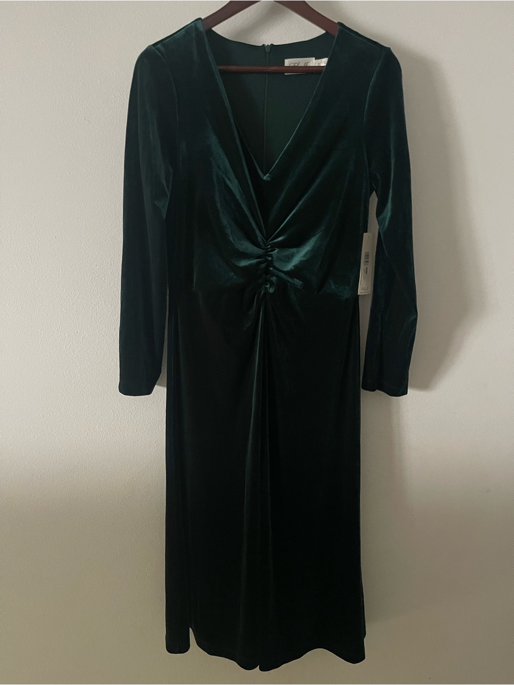 Eliza J Dark Green Velvet Twist-Front Long Sleeve Midi Dress Sz 12
